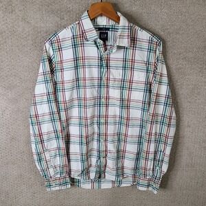 GAP Shirt‎ Mens M White Red Green Plaid Slim Fit Long Sleeve Button Down Cotton
